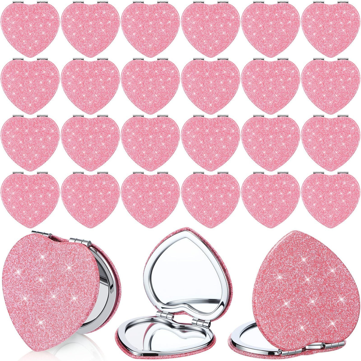 Pink Heart Compact Mirror Set - 24 Magnifying Travel Makeup Mirrors for Women & Mom Gift