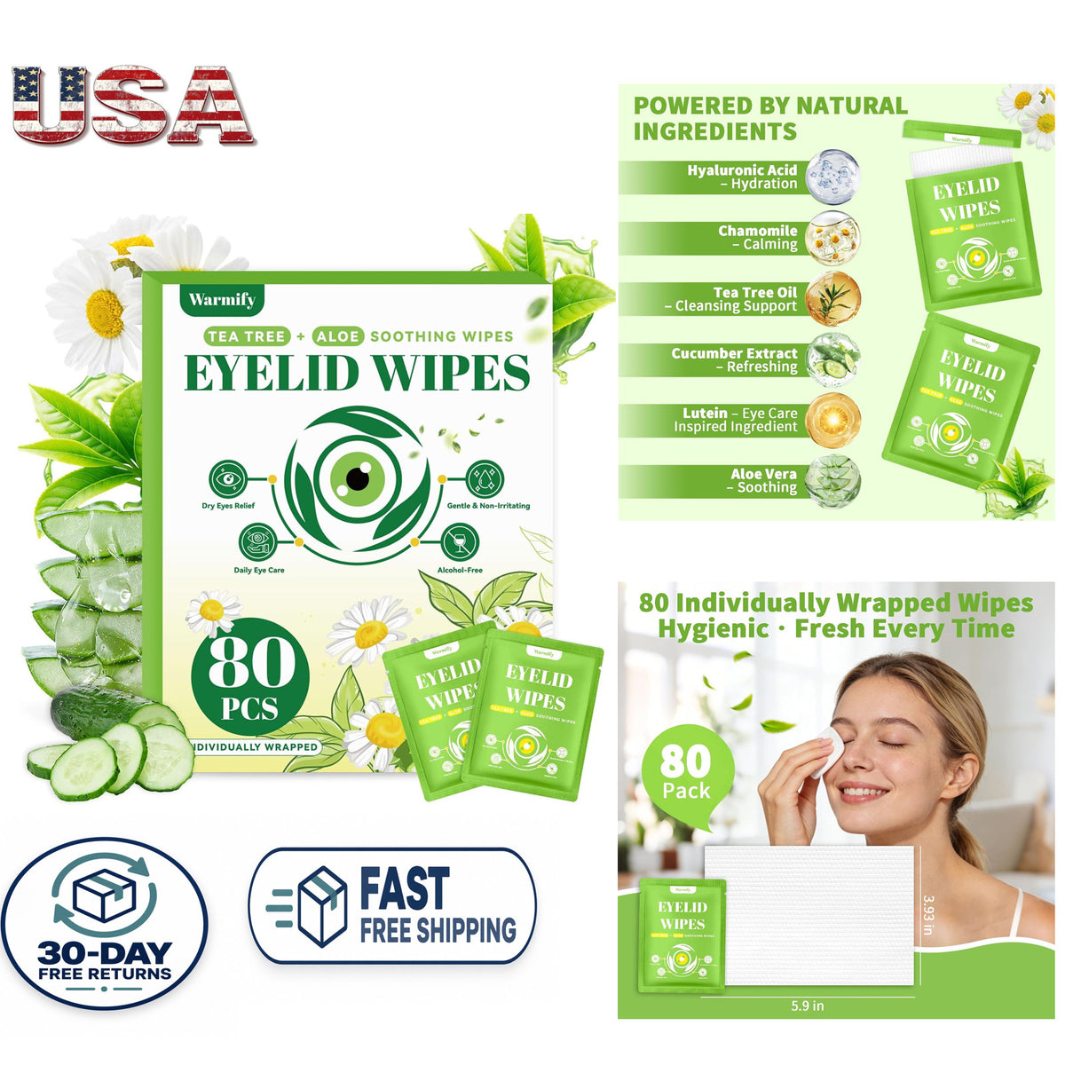 Tea Tree Oil Eyelid Wipes - 80 Pack for Eye Hygiene & Irritation Relief