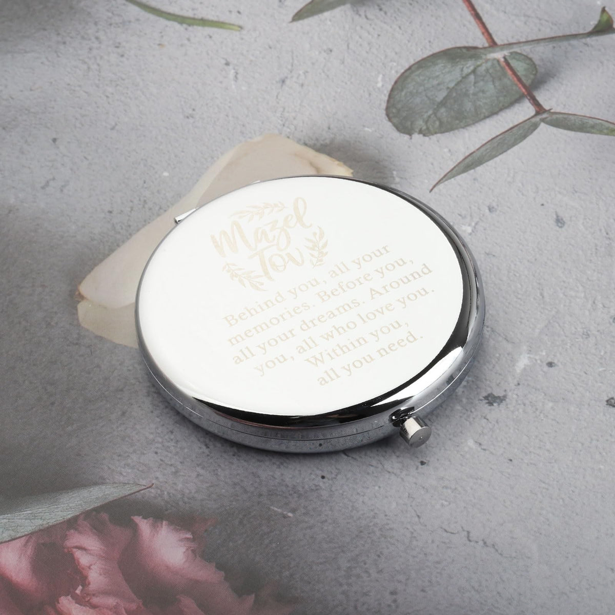 Personalized Silver Bat Mitzvah Compact Mirror - Mazel Tov Gift