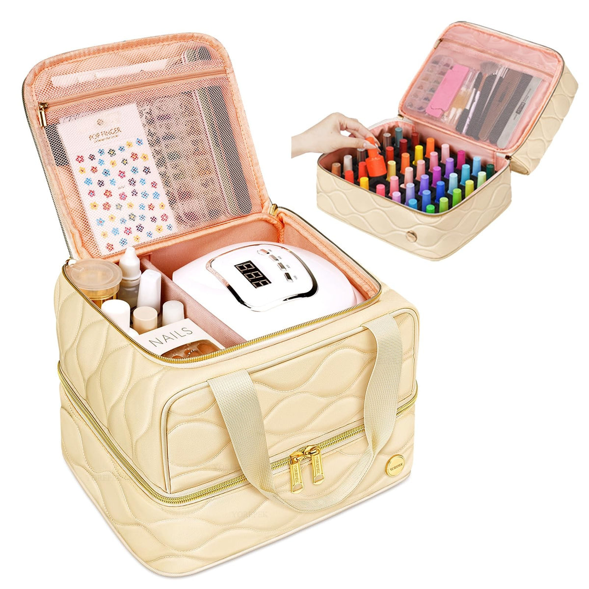 Nail Polish Organizer Case Holds 42+ Bottles 15ml Two-Layer Beig