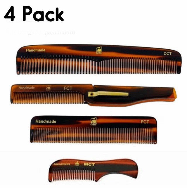 Men Women Grooming Comb Set 4 Pack Tortoise Shell Hair & Beard Styling Tools