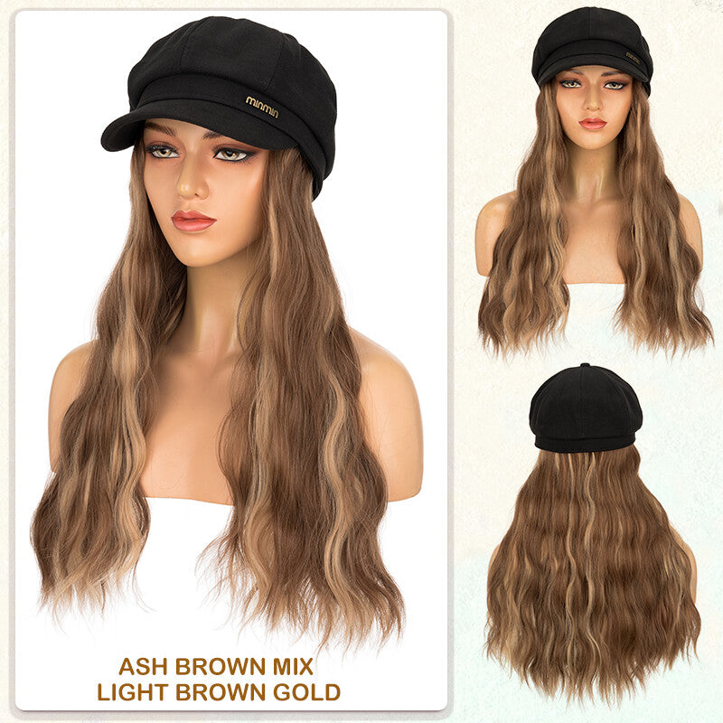 Unisex Wavy Long Hair Beret Cap with Synthetic Hair - Casual Hat Wig