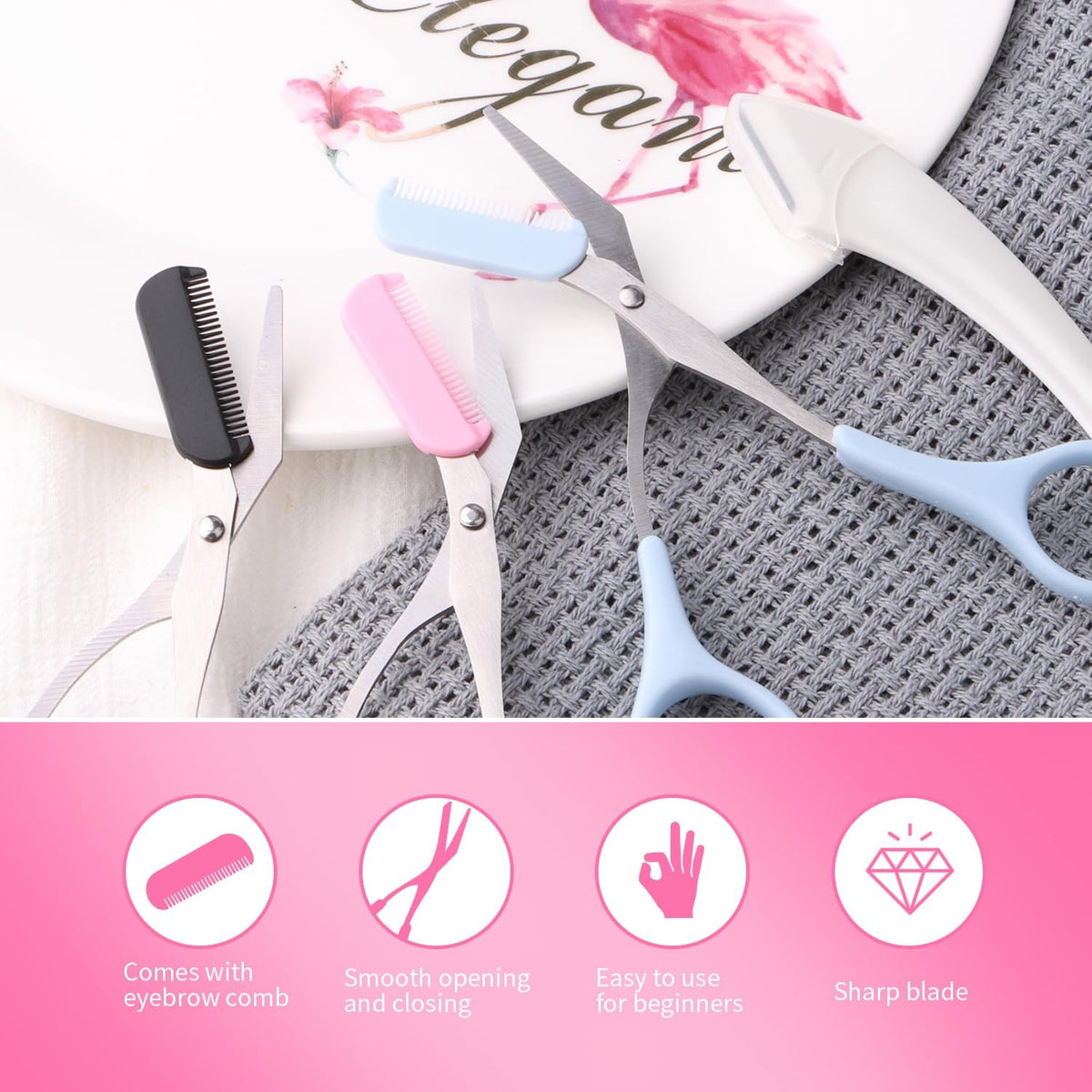 Eyebrow Scissors with Comb and Razor – Professional Stainless Steel 3-Pack (Black, Pink, Blue)