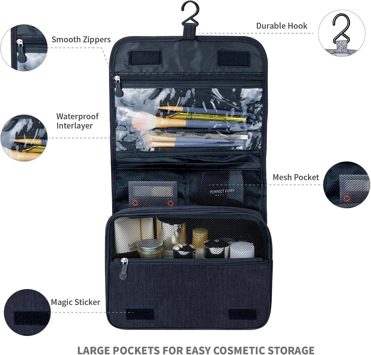 Large Capacity Travel Toiletry Bag with Hanging Hook for Men & Women