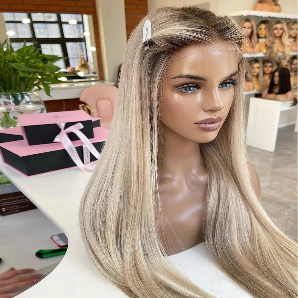 Long Straight Brown Blonde Lace Front Wig - Heat Resistant Synthetic Hair