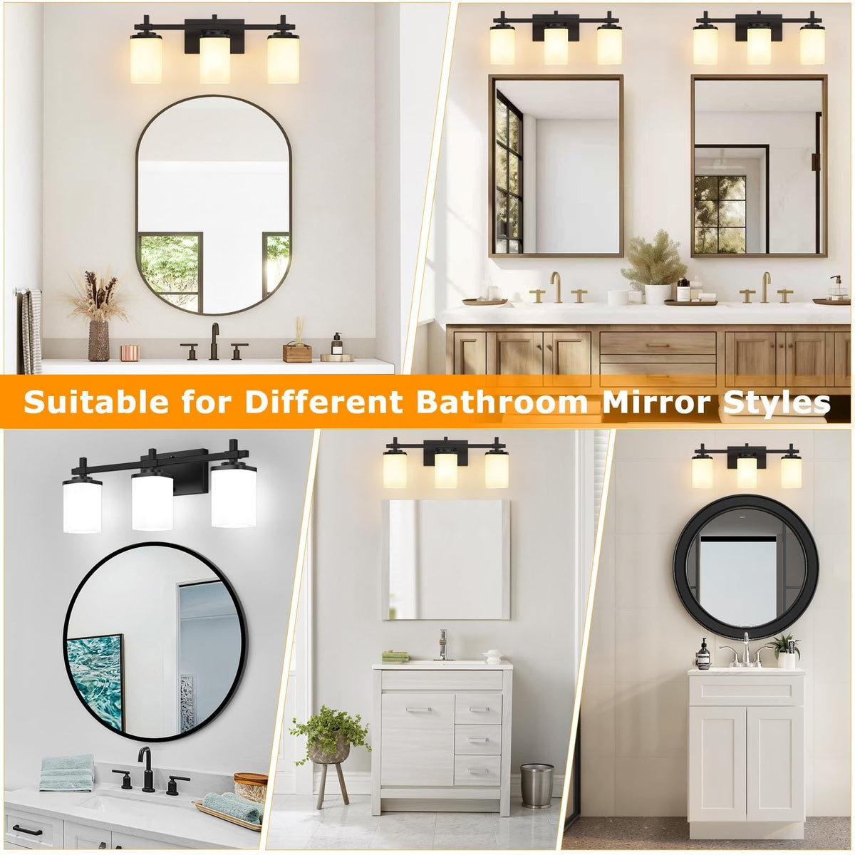 Modern Black Vanity Light Fixture with White Frosted Glass Shades - Bathroom Wall Mount, 3 Lights
