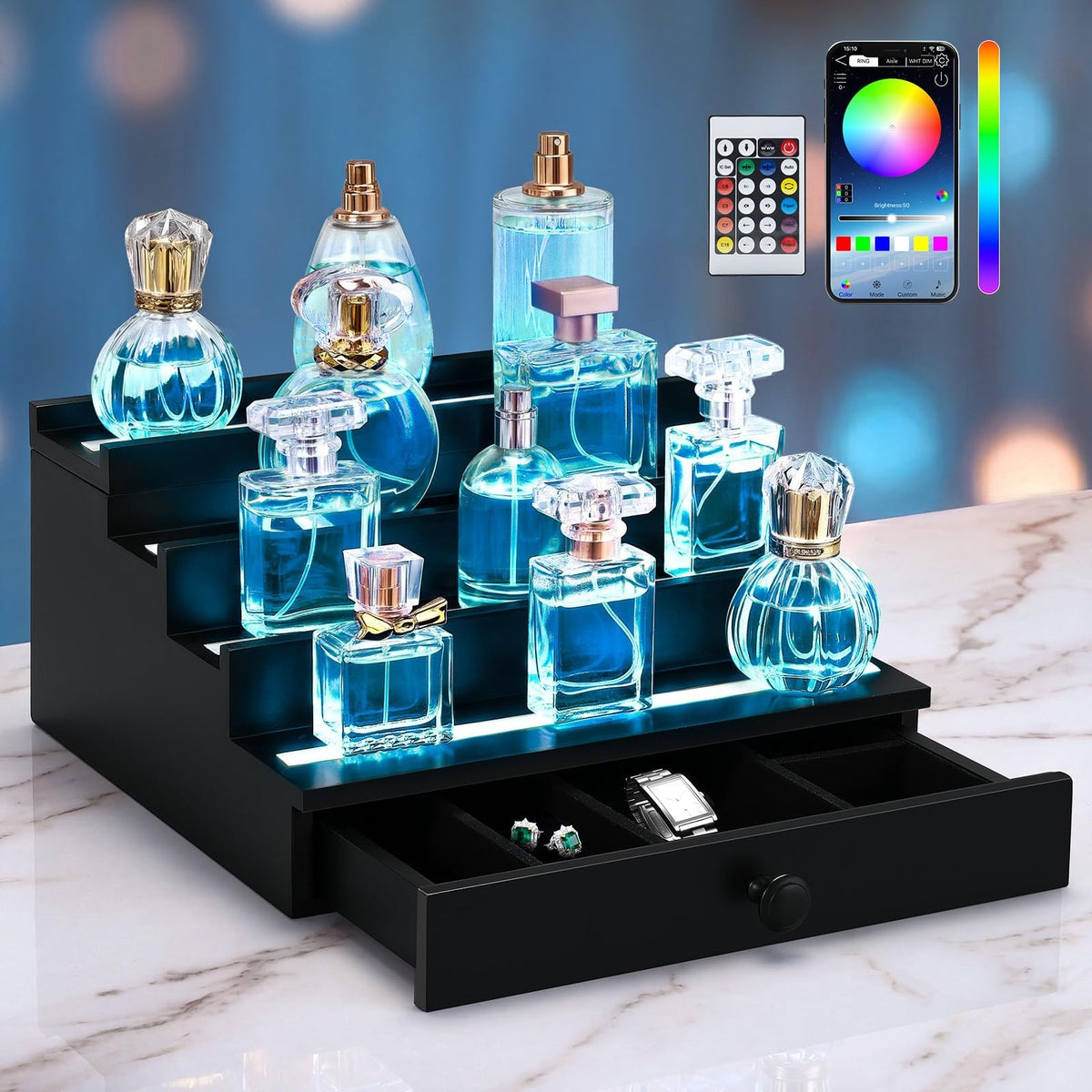 LED Lighted Perfume Organizer for Men with Remote Control and Drawer