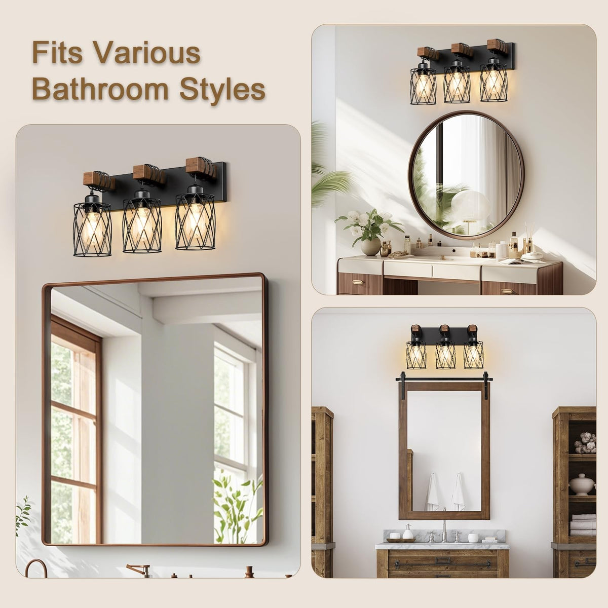 3-Light Farmhouse Vanity Light Fixture for Bathroom & Bedroom - Black Wood and Metal