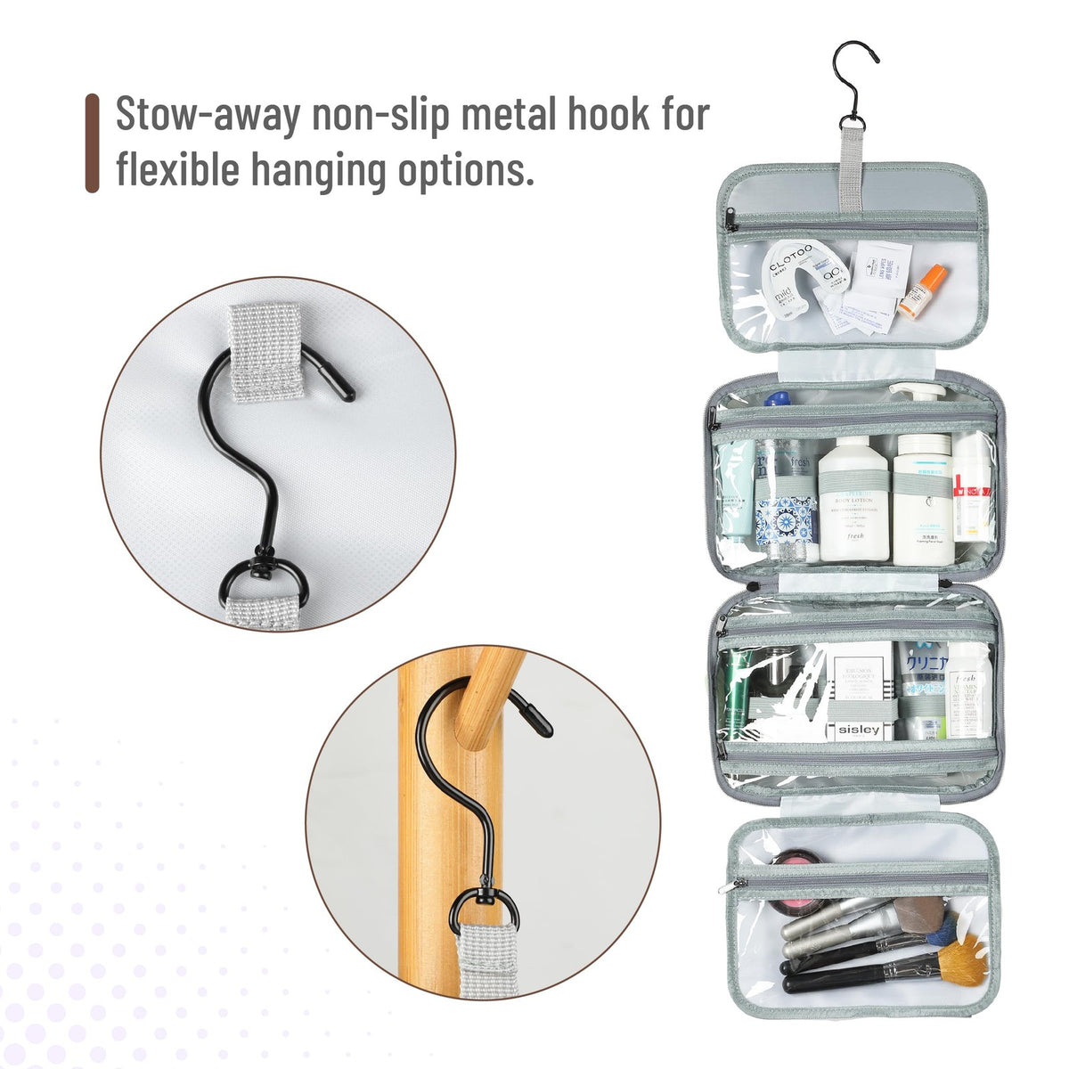 Travel Toiletry Bag Organizer with Hanging Hook and Water-Resistant Compartments