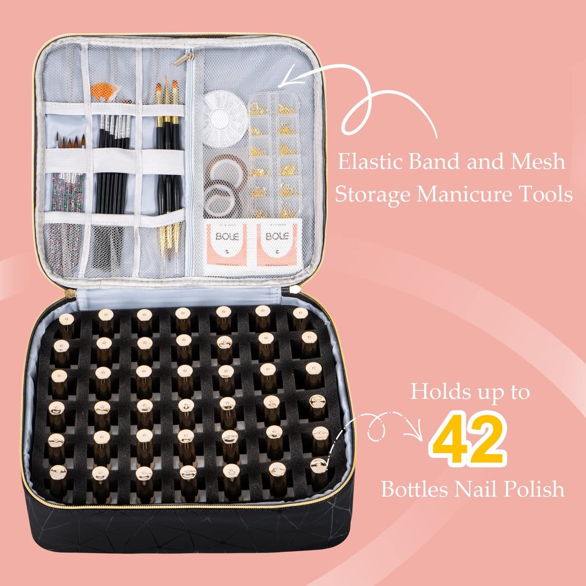 Large Capacity Nail Polish Organizer Bag Holds 42 Bottles with Lamp & Accessories