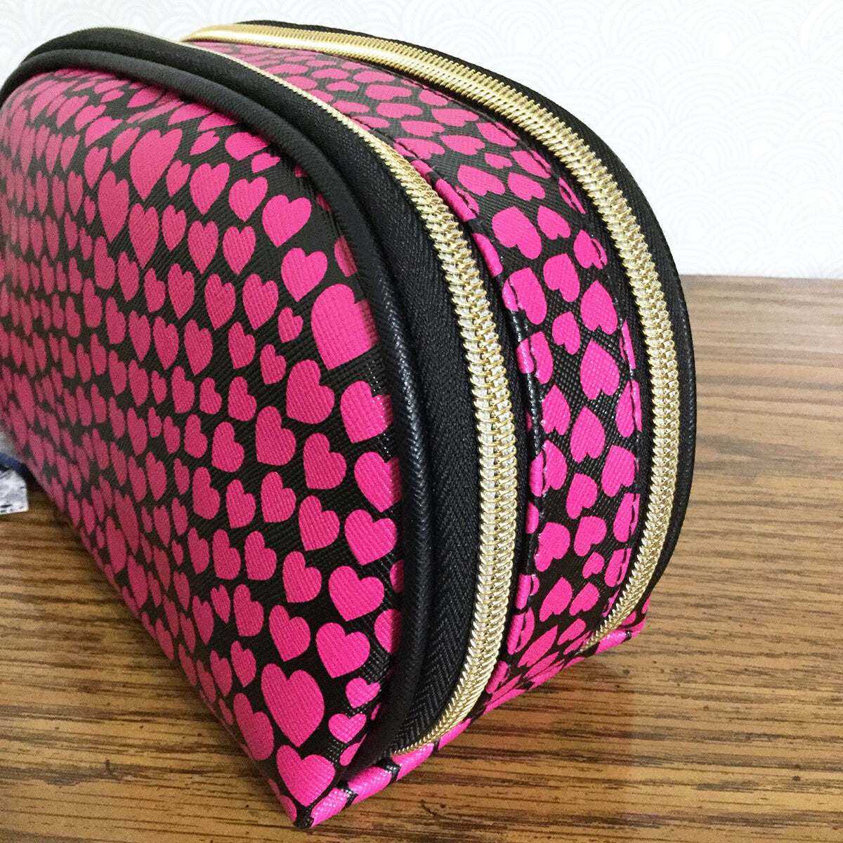 Pink Heart Double Zip Cosmetic Bag - Travel Organizer Pouch for Makeup & Toiletries