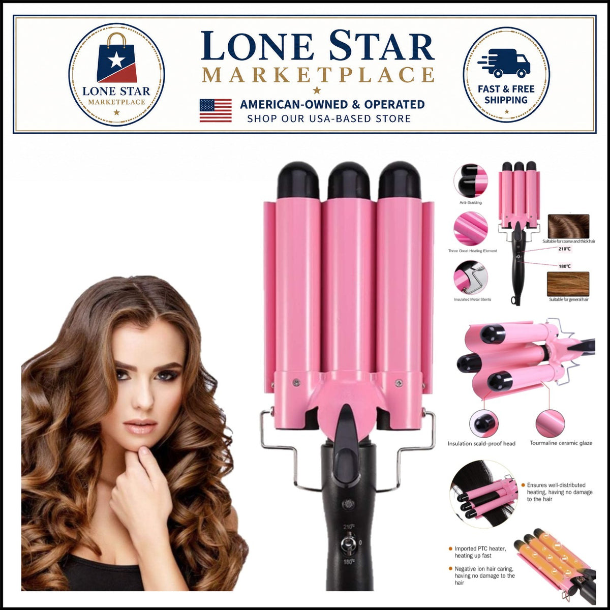 Ceramic 3 Barrel Curling Iron for Waves - Adjustable Temp & Fast Heat