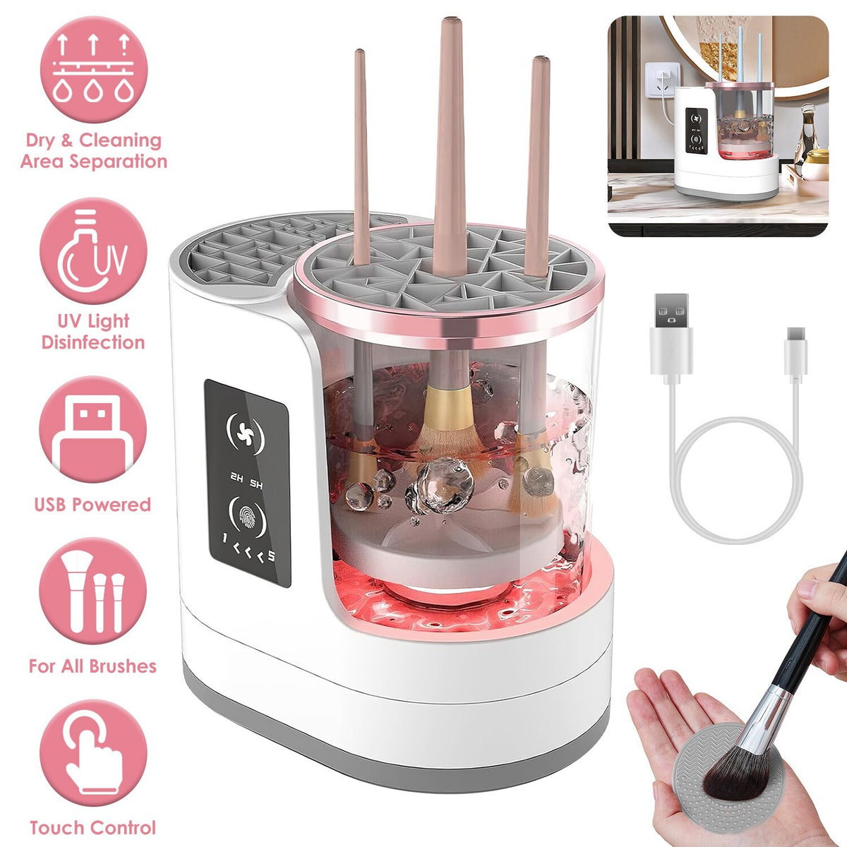 Electric Makeup Brush Cleaner and Dryer with UV Disinfection - 4 in 1