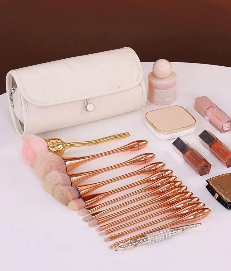 Leather Makeup Brush Case - Portable Organizer with Multiple Compartments