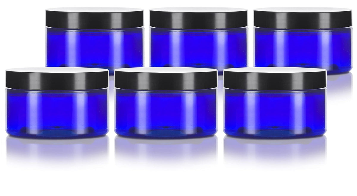 6 Pack 2oz Cobalt Blue Refillable Plastic Jars with Black Lids - Heavy Wall
