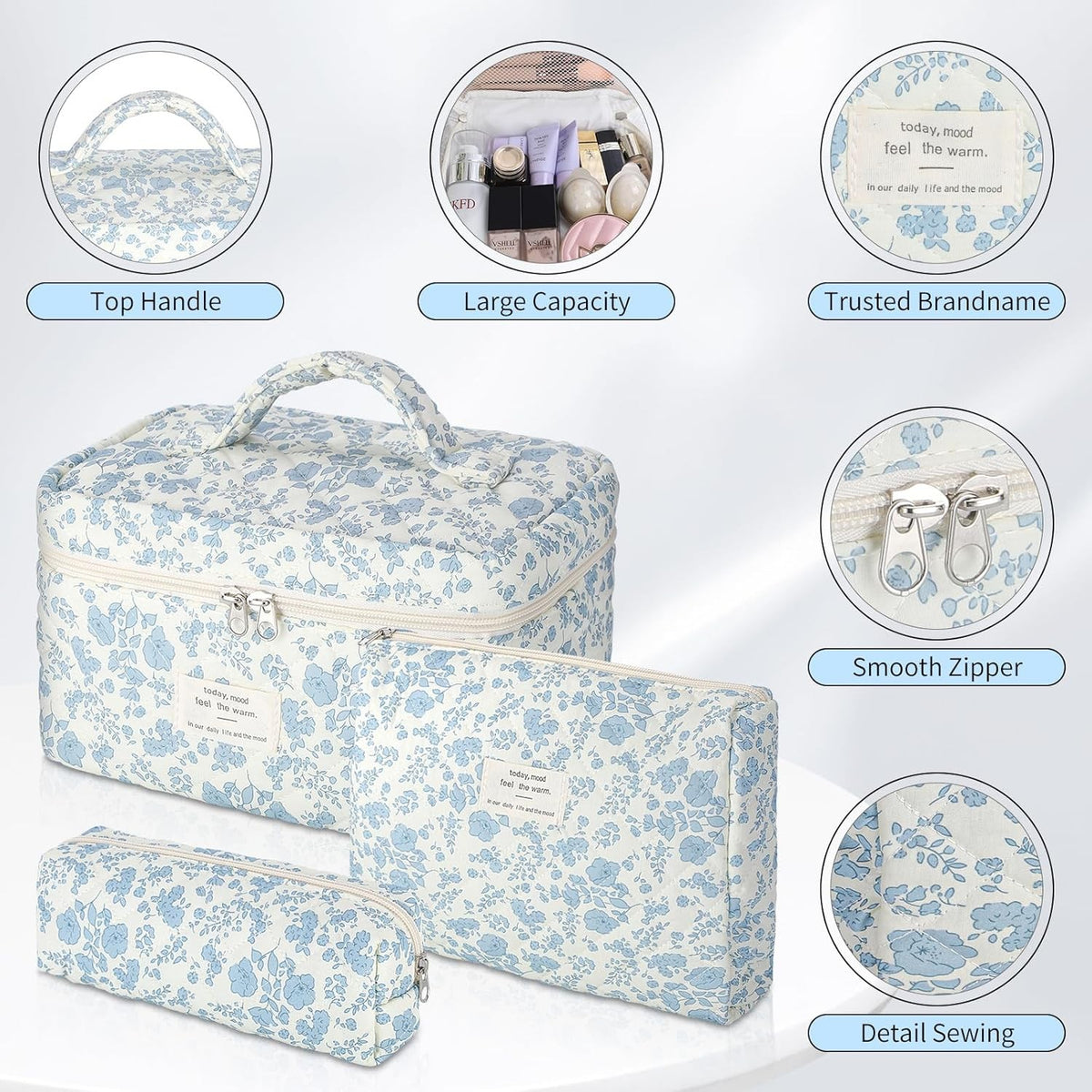 Large Floral Makeup Bag Set - Cotton Quilted Cosmetic Pouches for Women