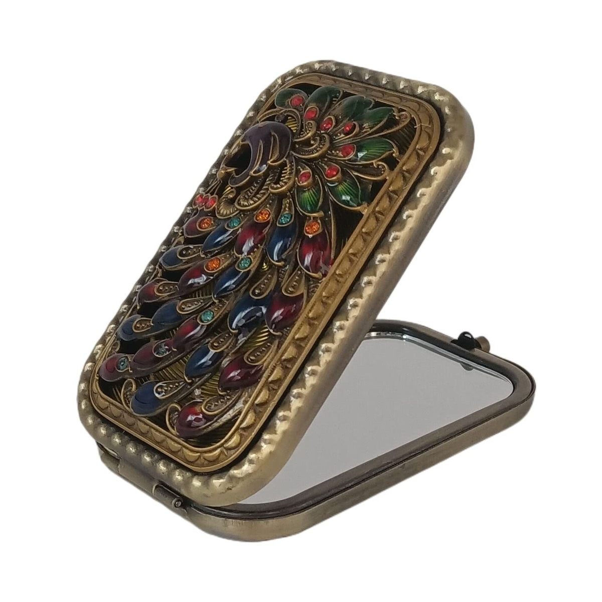 Vintage Bronze Peacock Foldable Travel Makeup Mirror – Compact Handheld with 1X/2X Magnification