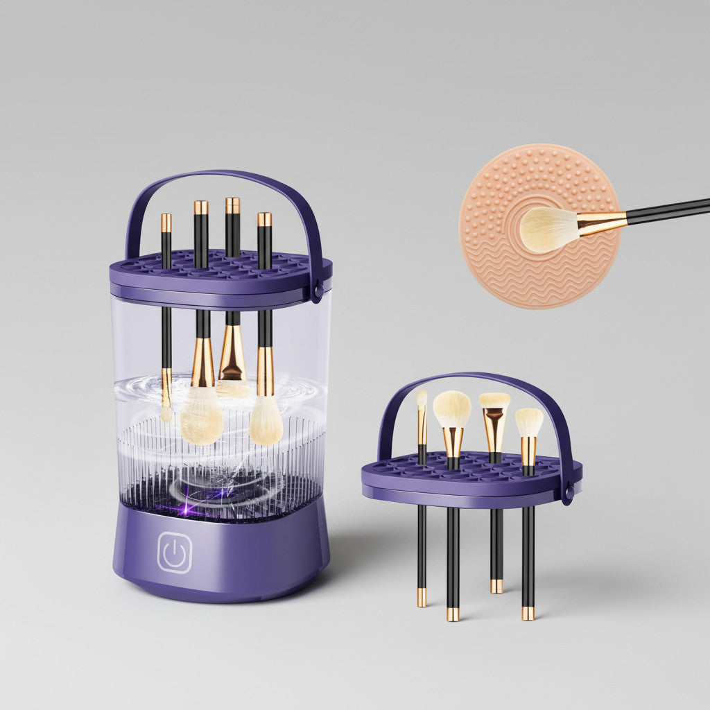 Electric Makeup Brush Cleaner Machine - Automatic Portable Cleaning Device, Purple