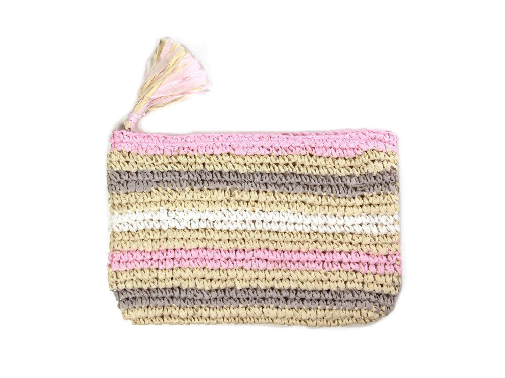 Woven Straw Tassel Clutch Bag with Zipper Closure - Light & Compact