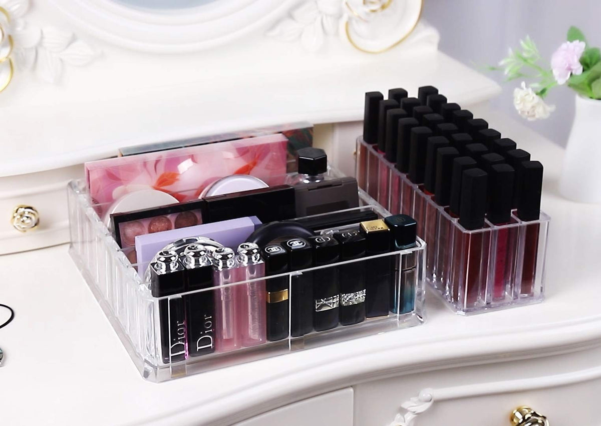 Acrylic Makeup Organizer with 27 Compartments for Vanity and Drawer Storage