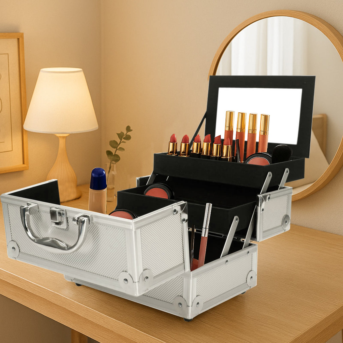 Aluminum Makeup Train Case Jewelry Organizer with Mirror - Silver