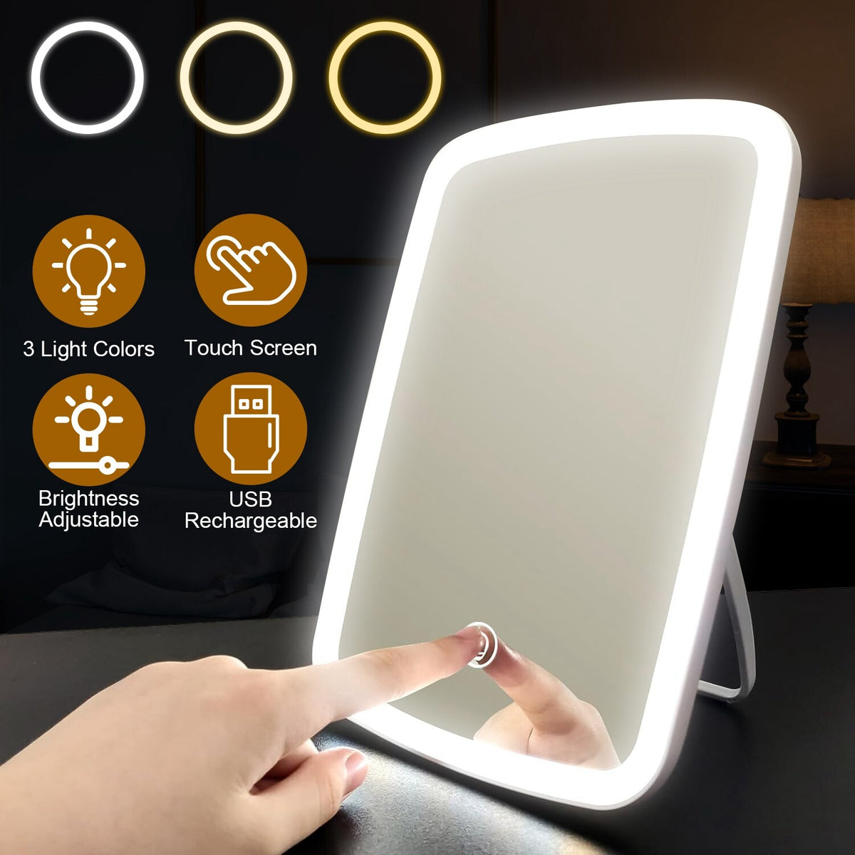 Portable LED Makeup Mirror with 3 Light Modes, Dimmable & Rechargeable