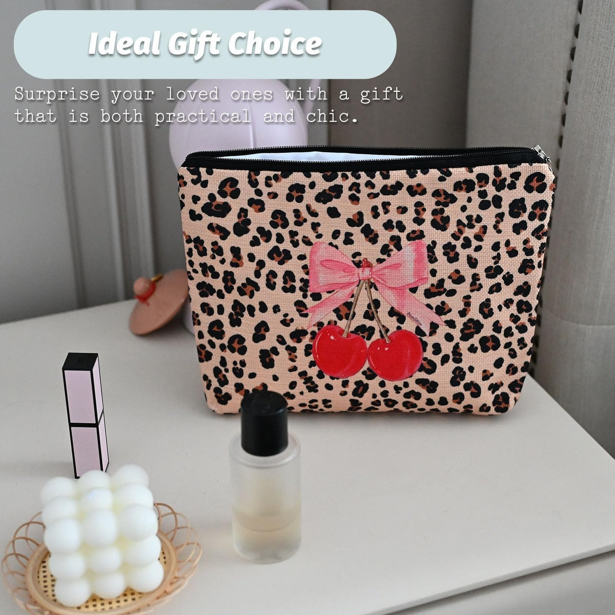 Leopard Print Cherry Makeup Bag for Women, Large Capacity Cosmetic Pouch
