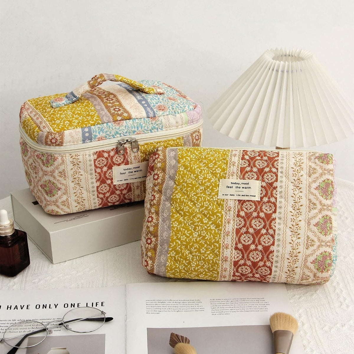 Large Floral Cotton Quilted Makeup Bag - Travel Cosmetic Organizer