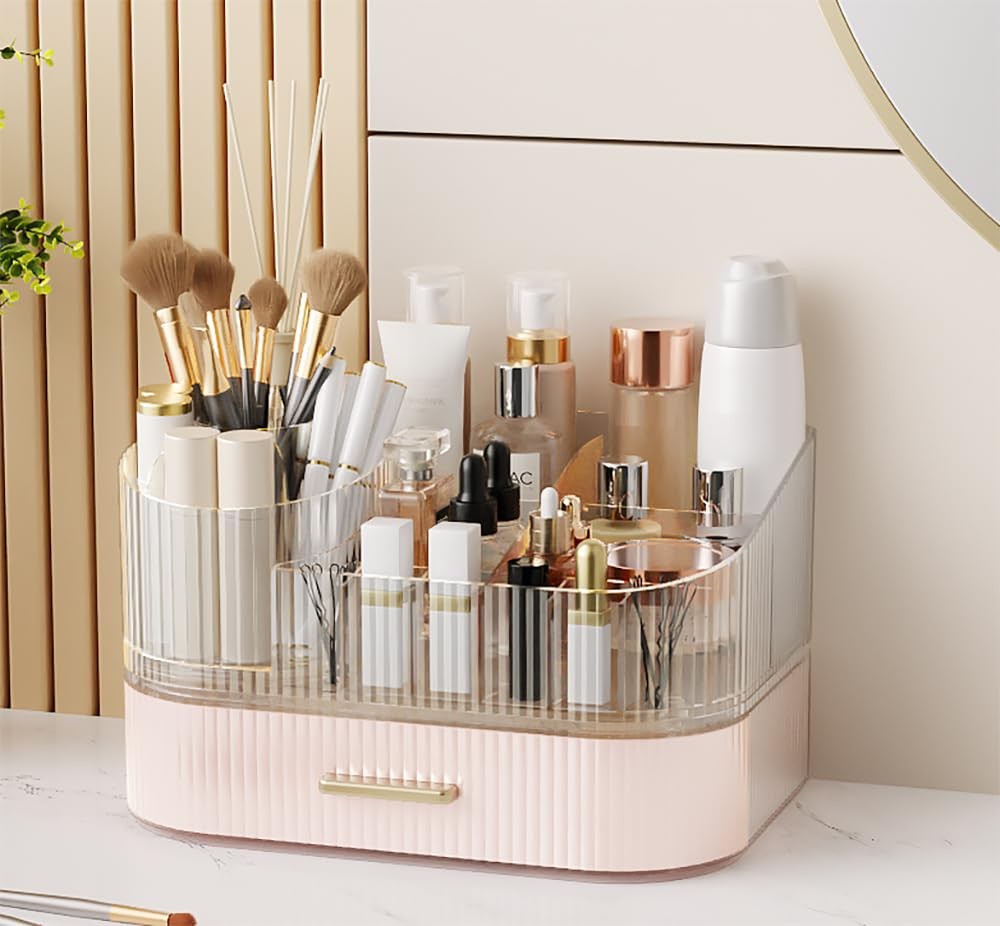 Pink Makeup Organizer with Rotating Brush Holder & Drawer - 11-Inch