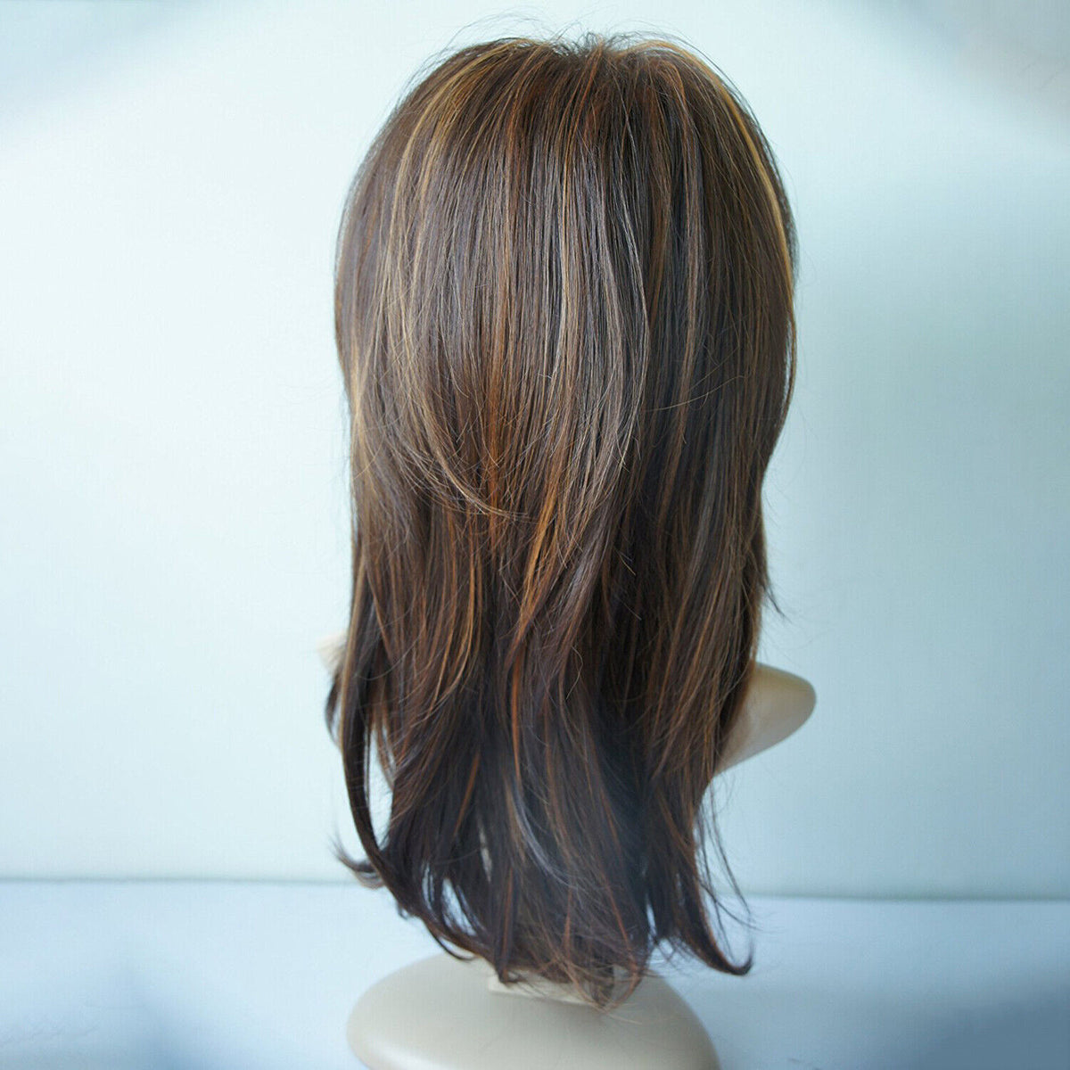 Women Dark Brown Ombre Curly Wig with Gold Highlights Shoulder Length Synthetic Hair