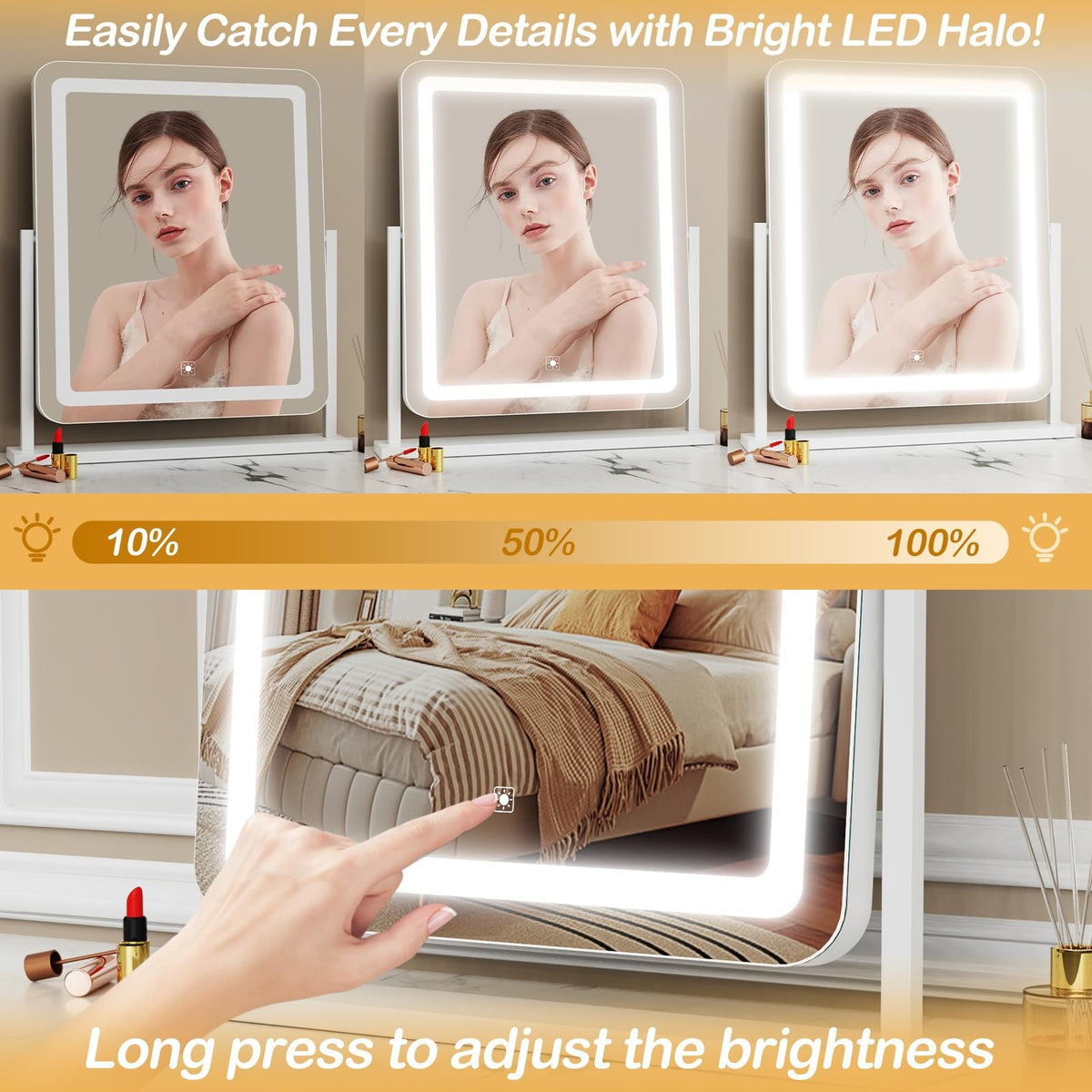 Lighted Vanity Mirror with 360° Rotation and Detachable 10X Magnifier