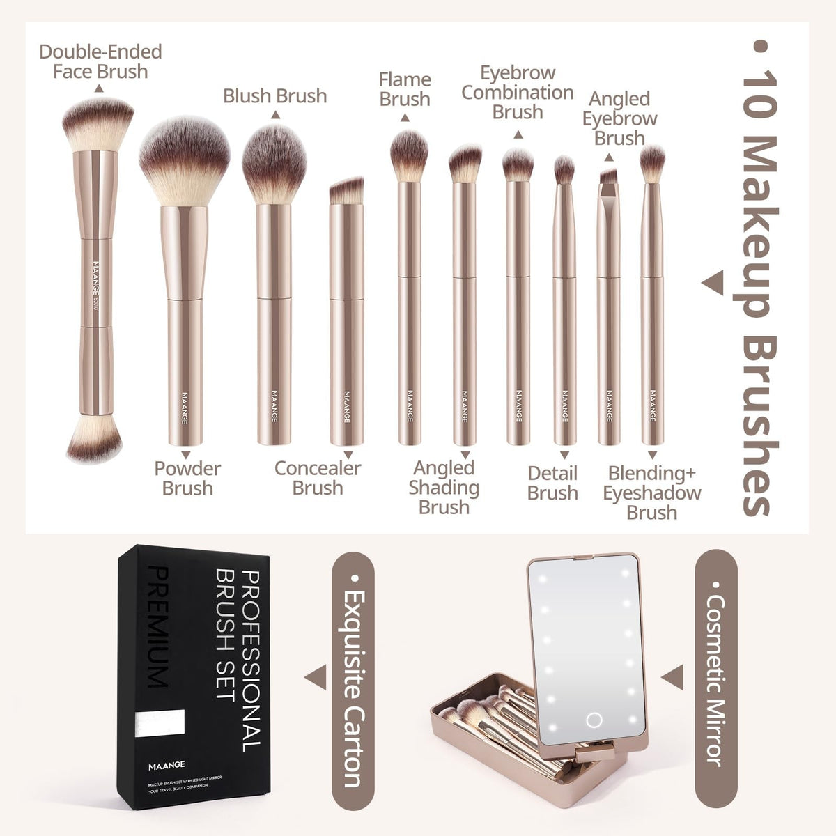 10-Piece Travel Makeup Brush Set with LED Mirror – Double-Ended Kabuki & Eye Brushes