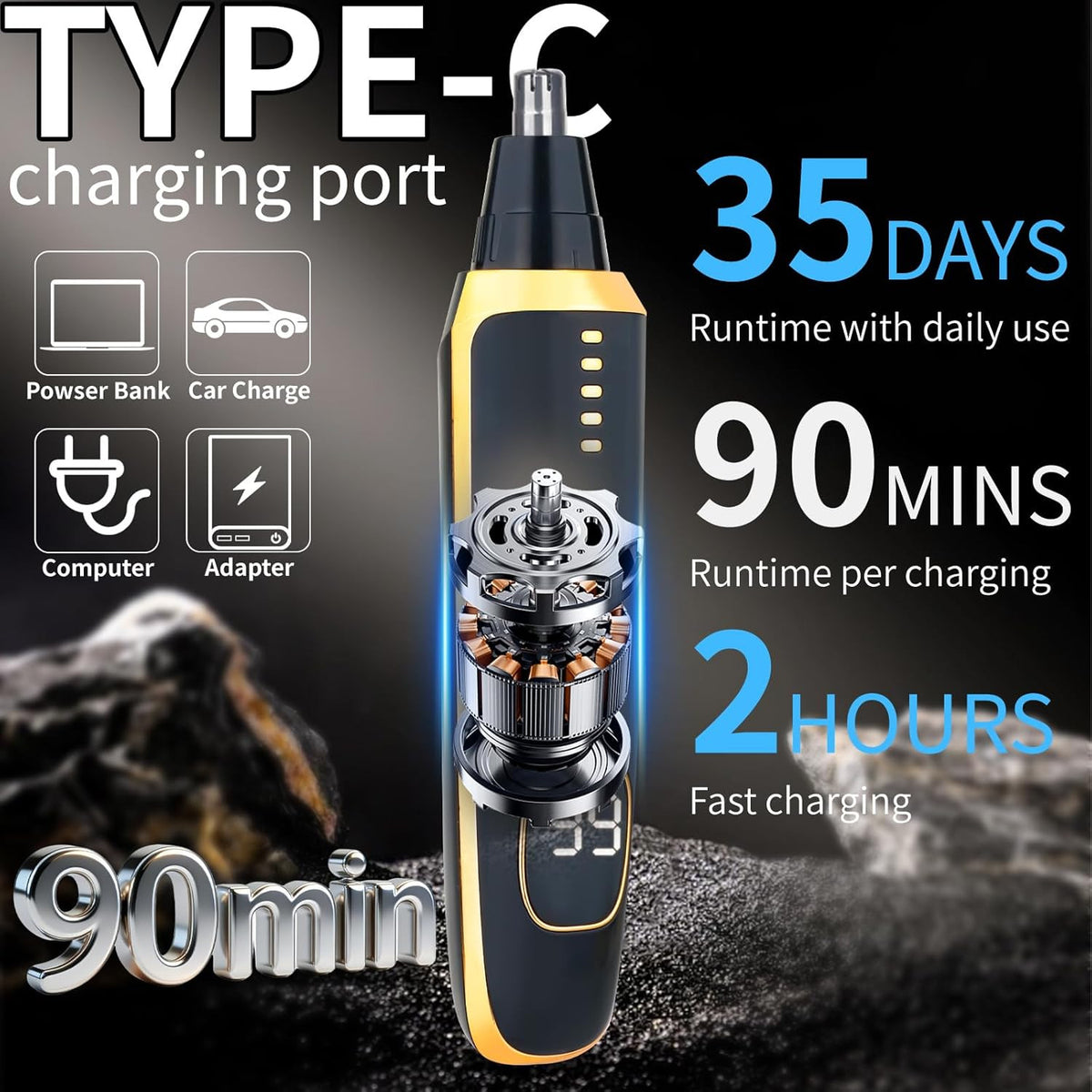 Rechargeable LED Display Nose & Ear Hair Trimmer for Men Women