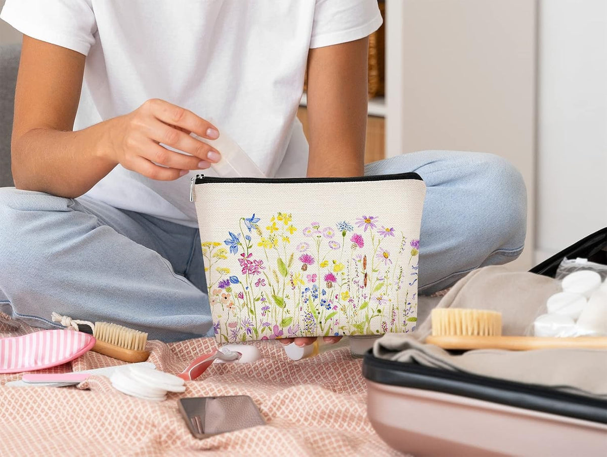 Colorful Wildflowers Makeup Bag - Watercolor Meadow Floral Travel Organizer