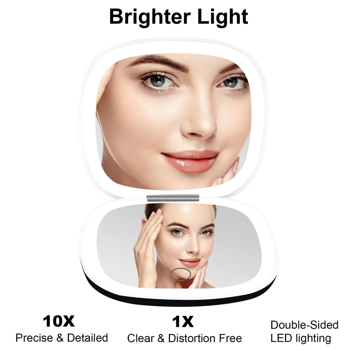 Lighted Travel Makeup Mirror with 1X/10X Magnification, Dimmable LED, USB Rechargeable, Portable Compact