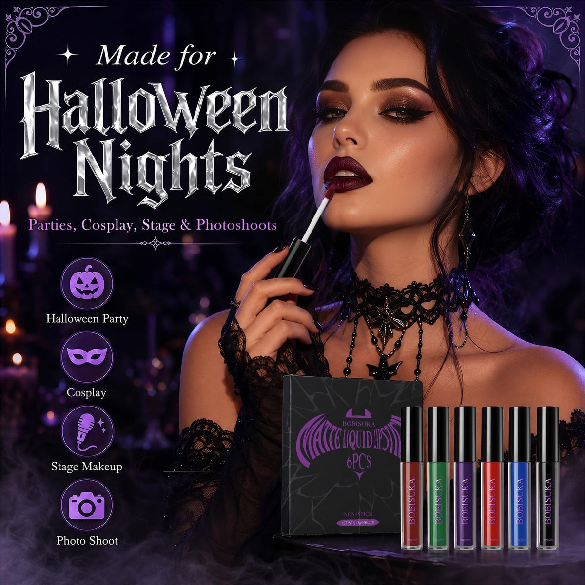 Halloween Liquid Lipstick Set - 6 Bold Gothic & Fantasy Colors