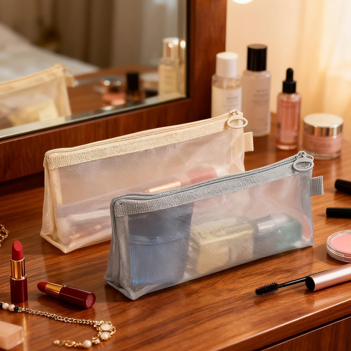 Mini Mesh Makeup Bags Set - 5 Portable Travel Cosmetic Pouches