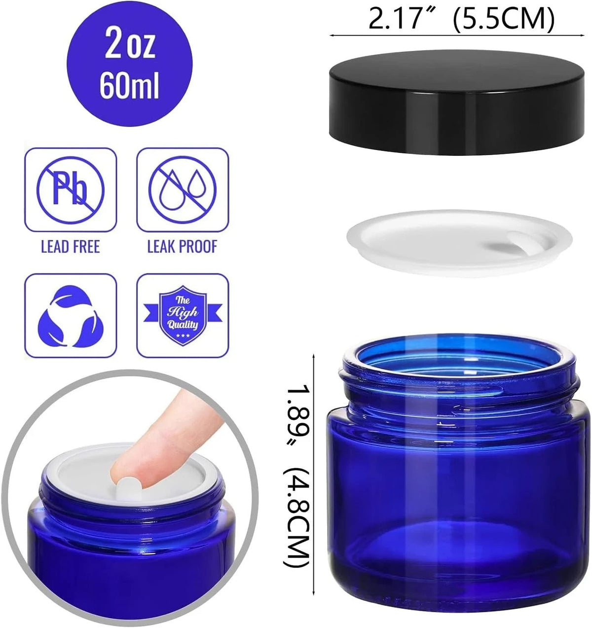 24 Pack 2 oz Blue Glass Cosmetic Jars with Lids & Inner Liners - Travel Refillable Containers