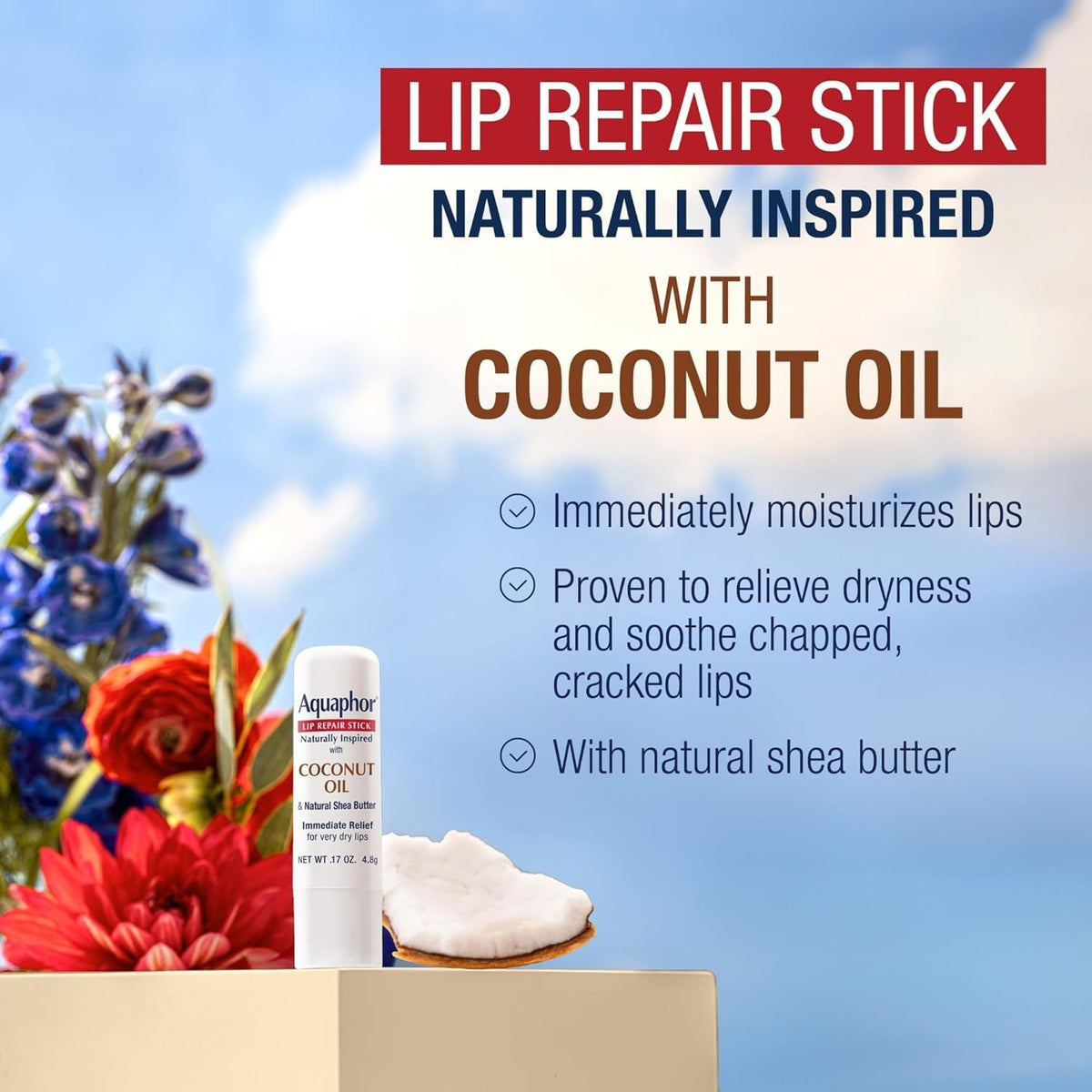 Aquaphor Lip Repair Stick with Coconut Oil & Shea for Chapped Lips 0.17oz