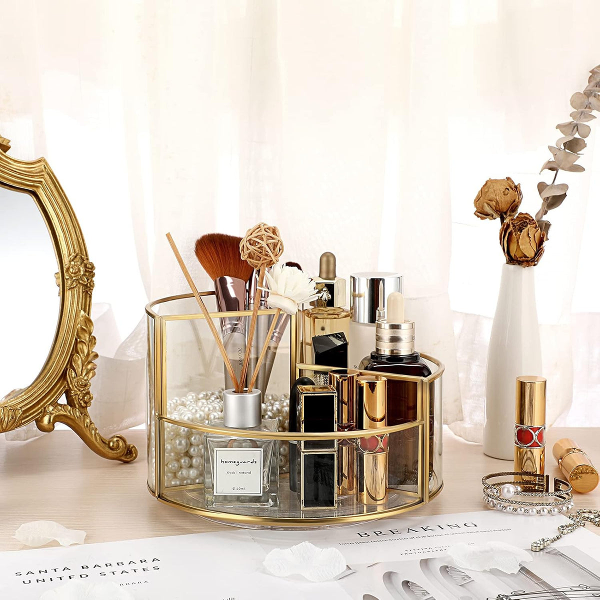 Rotating Makeup Organizer with 3 Slots - Gold Glass Vanity Storage