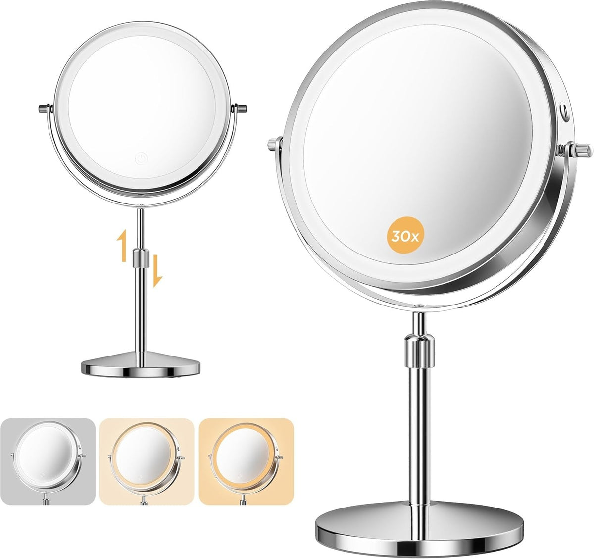 Double Sided Makeup Mirror with 3 Color LED Lights and 3200mAh Rechargeable Battery