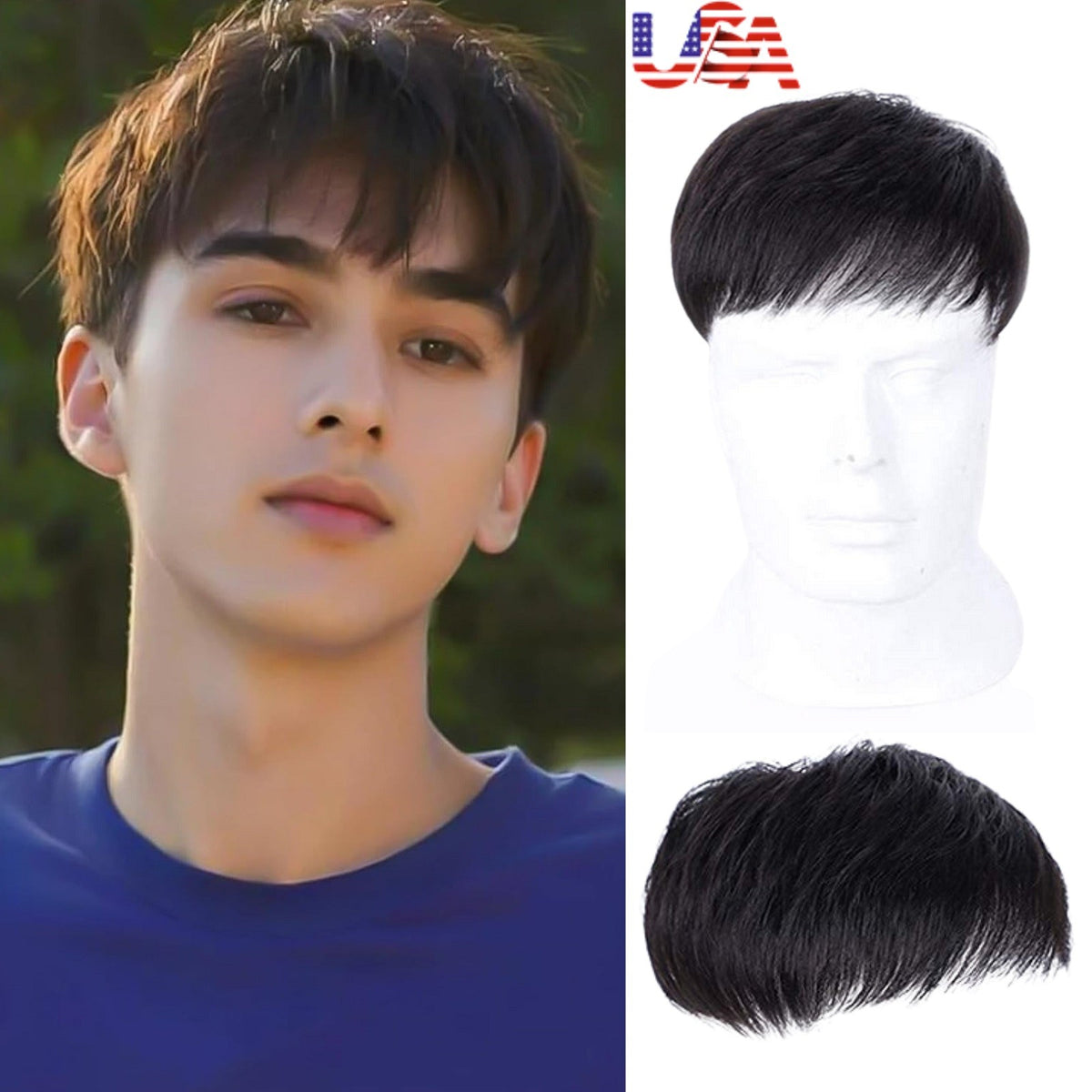 Men's Short Black Clip-On Wig with Bangs - Natural Hairpiece for Thinning Hair