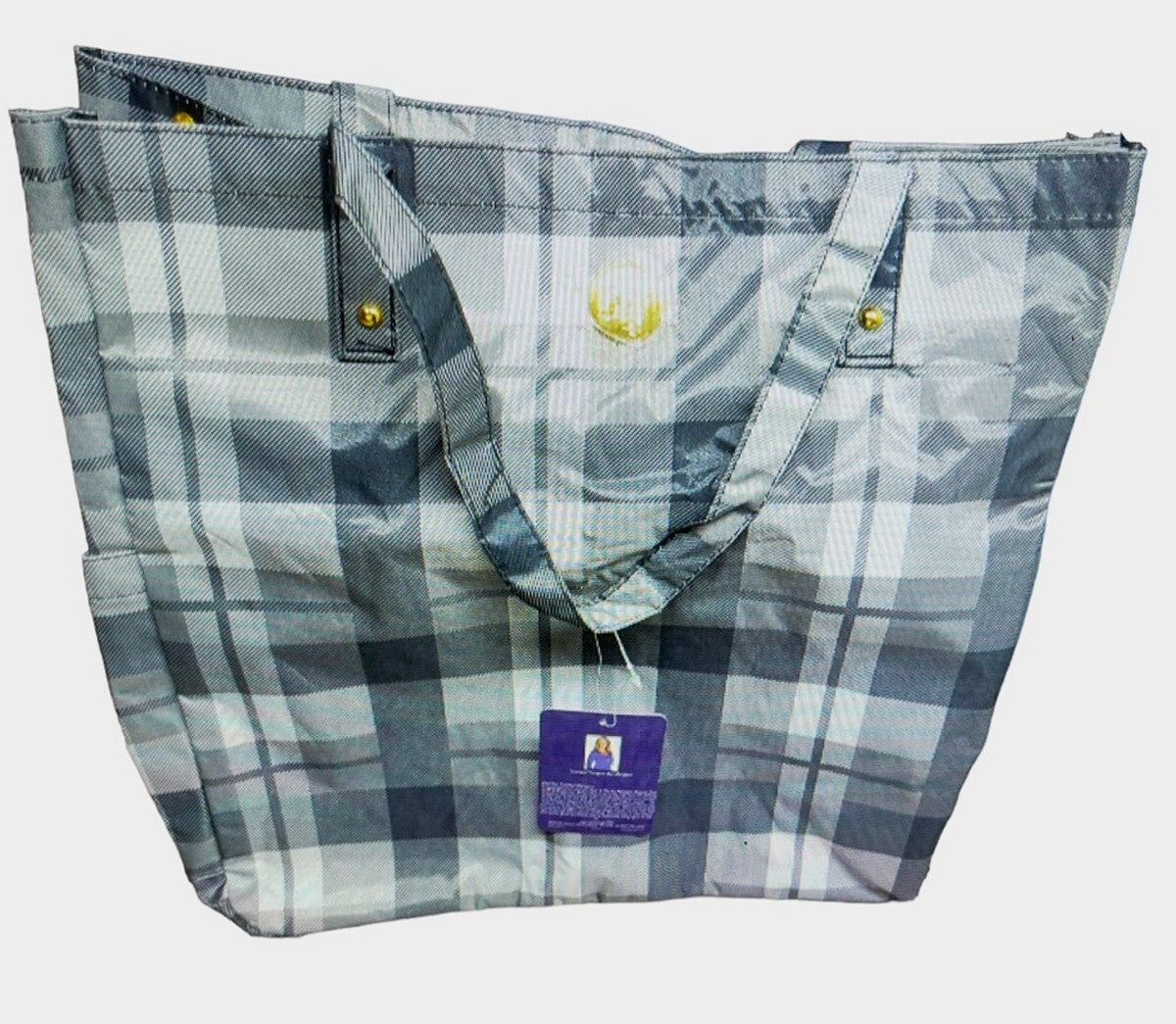 Oversized RFID Recycle Tote Bag with Water-Resistant Polyester - Black/White Plaid