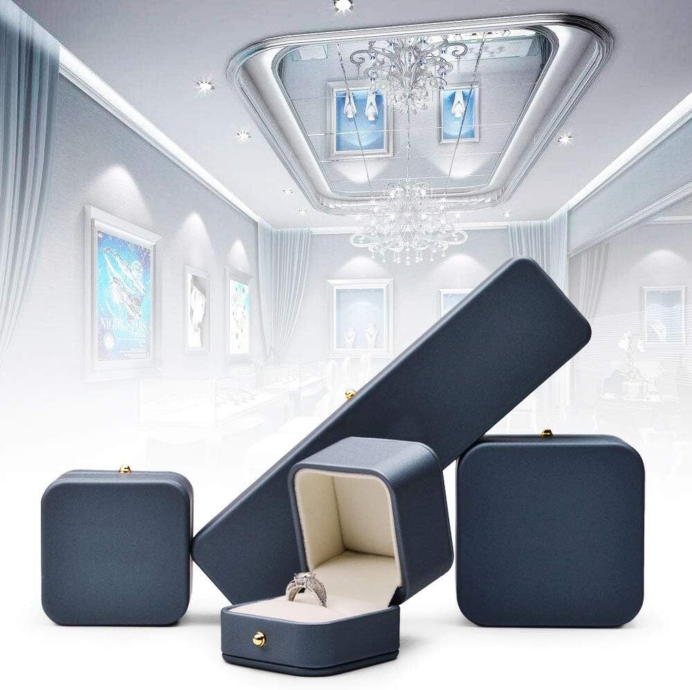 Steel-Blue Leather Ring Box — Elegant Jewelry Storage for Engagement & Gifts
