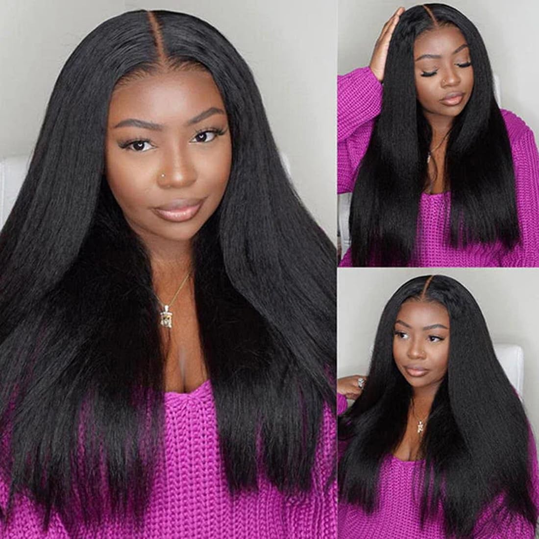 Human Hair Wigs 24 Inch V Part Kinky Straight Wig for Black Women - Natural Black, No Shedding