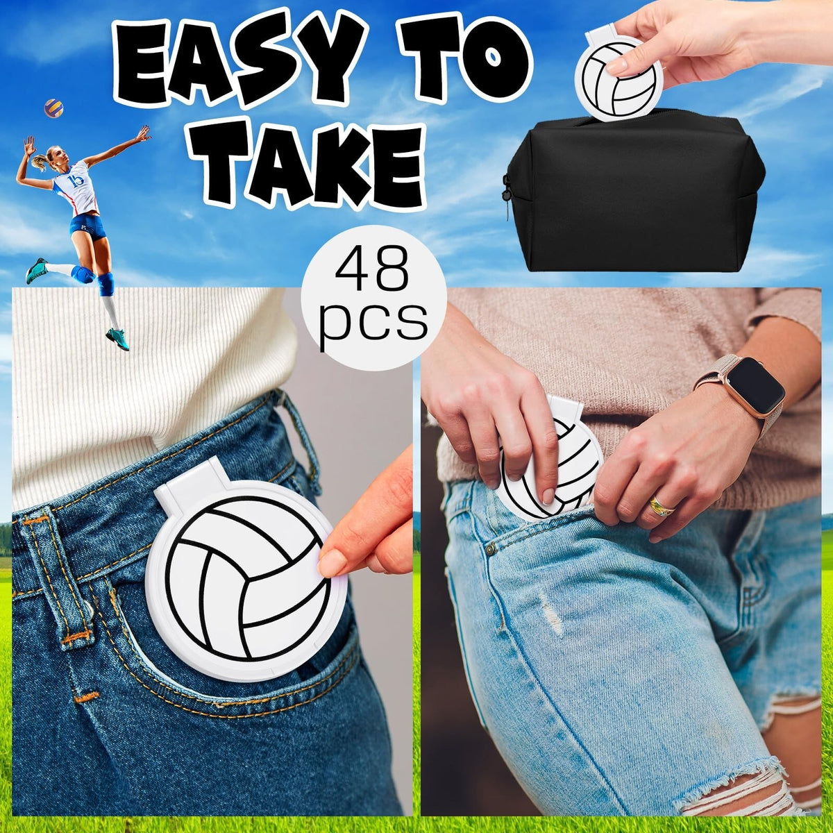 48 Pcs Volleyball Style Compact Mirrors Bulk for Women, Portable Folding Travel Mirrors