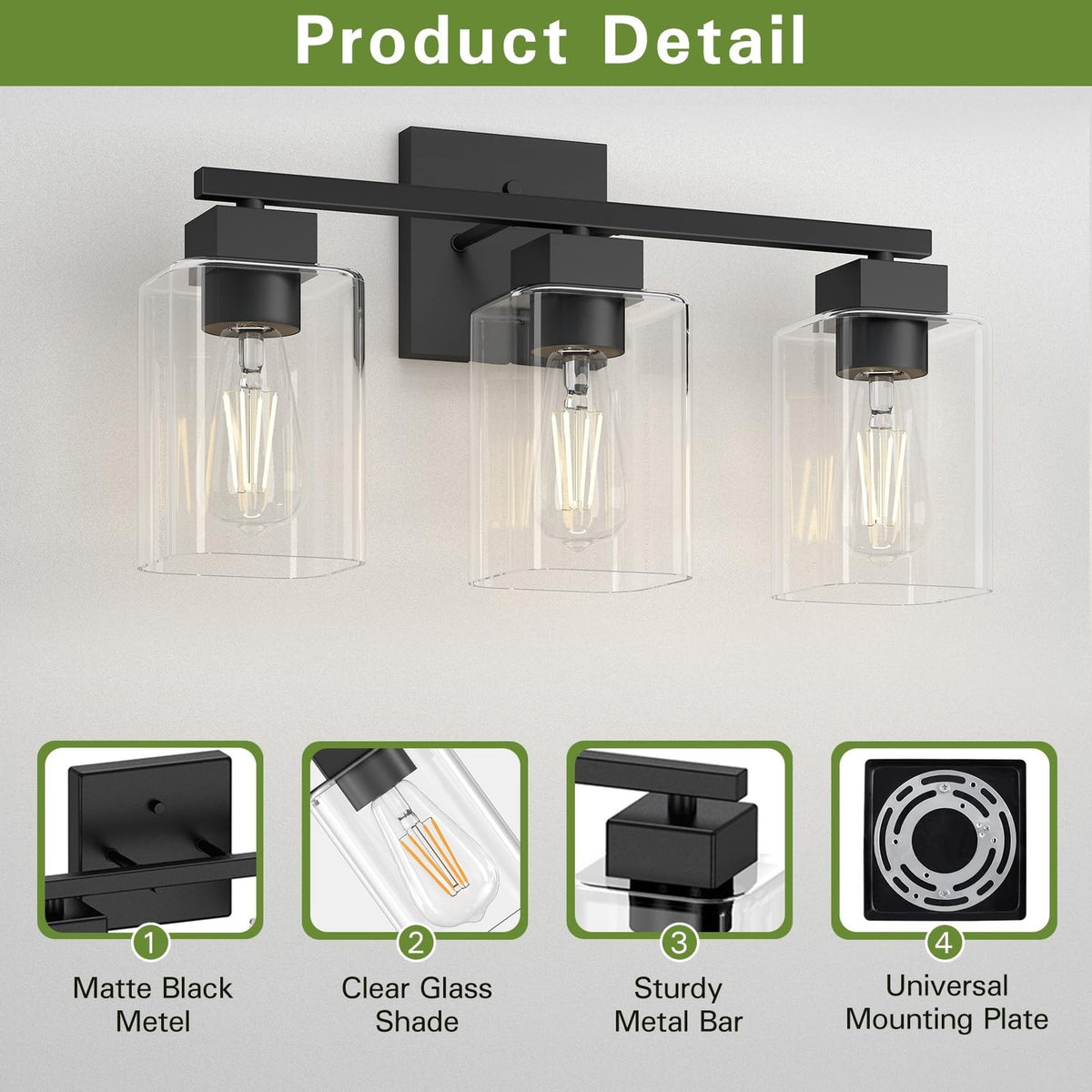 Matte Black Bathroom Vanity Light 3-Light Wall Sconce with Glass Shades