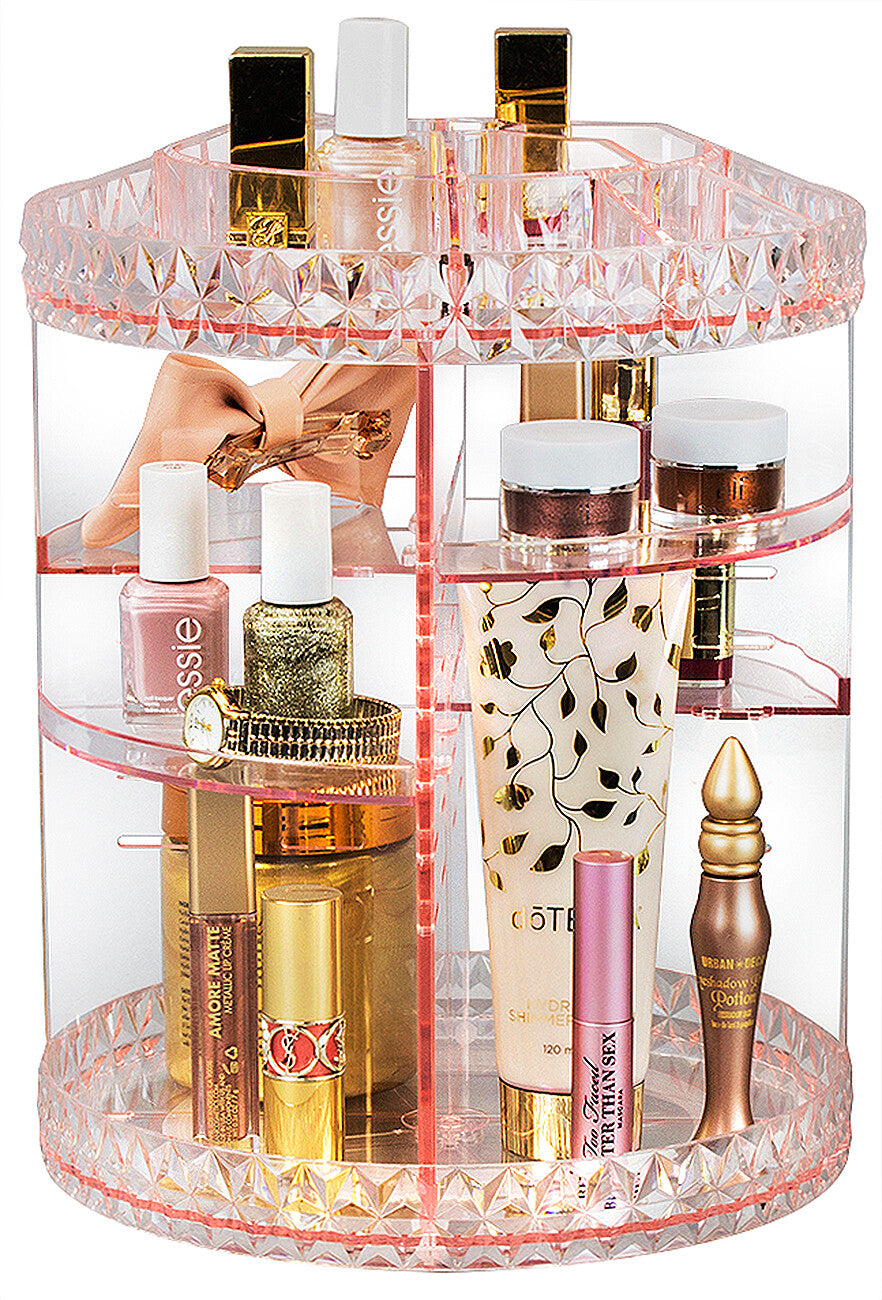 Rotating Makeup Organizer with Adjustable Shelves - 15 Slots, Clear or Pink