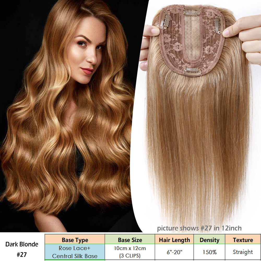 Clip-In Human Hair Topper with Silk Base for Women - Natural Look & Various Sizes
