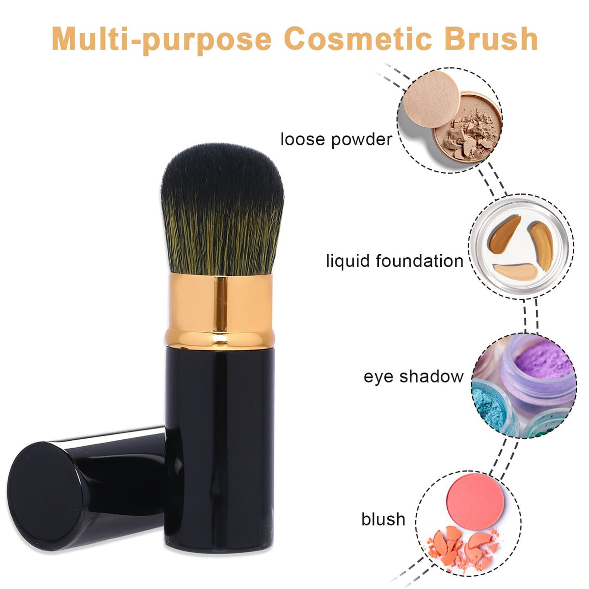 Retractable Makeup Brush Set - 2pcs Portable Kabuki Brushes Black